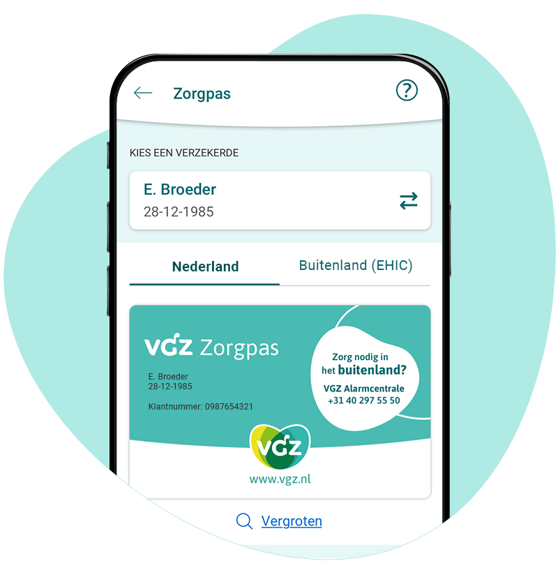 Afbeelding zorgpas in de app